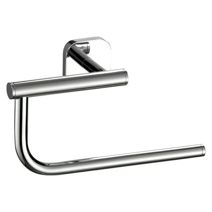 Tauro Baño Brass Toallero de anilla - Cromo, Resplandeciente - Primer plano de un toallero cromado moderno y elegante sobre un fondo negro. Diseño de baño elegante para baños con estilo.