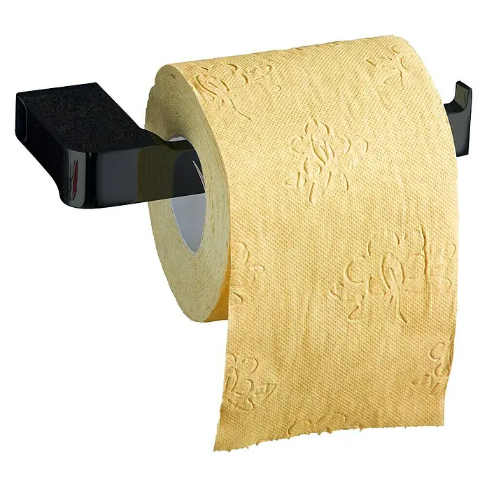 Tauro Baño Bluss Portarollos de papel higiénico - Negro - Un rollo de papel higiénico amarillo con un diseño en relieve, montado en un soporte negro, sobre un fondo neutro.