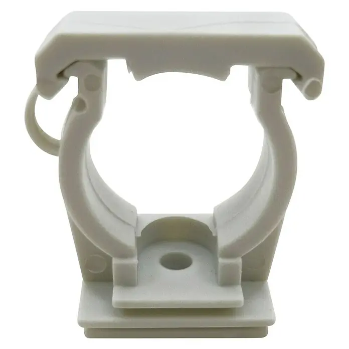 Abrazadera a presión PVC - Diámetro: 20 mm, PVC, 5 ud. - Foto del producto de una abrazadera de tubo de color gris claro para sujetar tubos. La abrazadera es de plástico y tiene un agujero para tornillos.