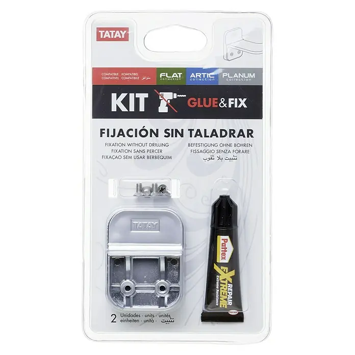 Tatay Flat Kit de fijación Glue Fix - 2 pzs., Cromo, Plástico (ABS), Apto para: Utensilios de baño - Kit de cola y fijación TATAY para una fácil instalación sin taladrar, perfecto para accesorios de baño y más.