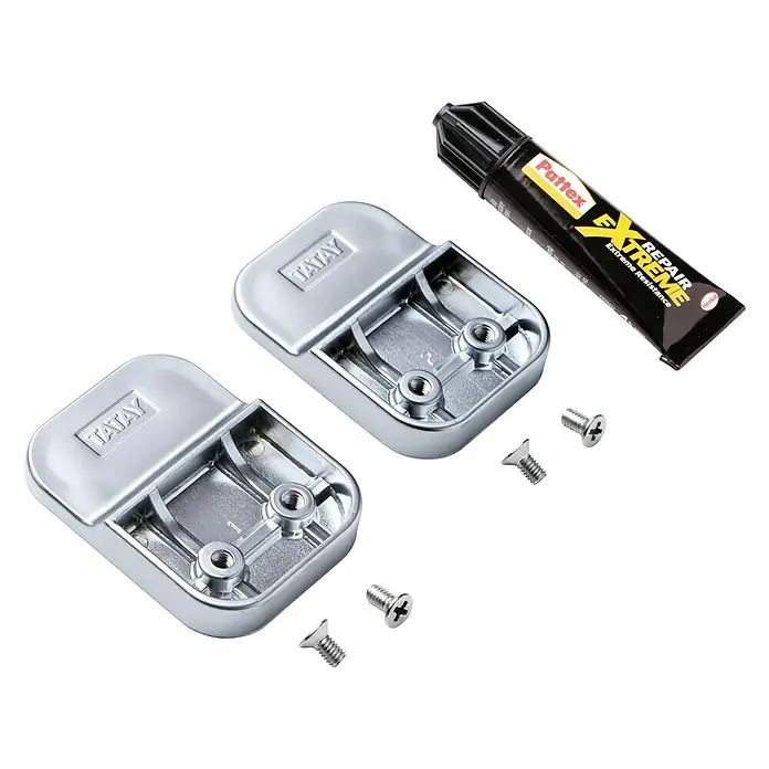 Tatay Flat Kit de fijación Glue Fix - 2 pzs., Cromo, Plástico (ABS), Apto para: Utensilios de baño - Imagen que muestra dos productos Tatay, cuatro tornillos y adhesivo Pattex Extreme Repair, ideal para reparaciones e instalaciones.