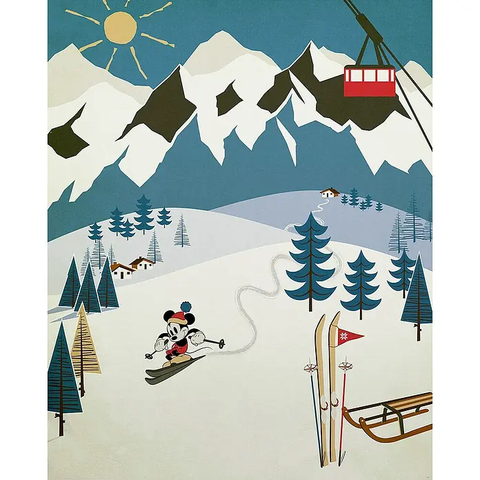 Komar Fototapete Mickey Alpine - B x H: 200 x 280 cm, Vlies - Winterliche Illustration mit Micky Maus beim Skifahren in verschneiter Berglandschaft, Seilbahn und traditionellen Skiern.