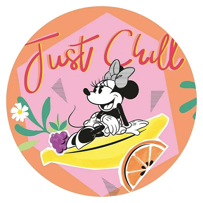 Komar Fototapete rund Minnie Chill - 128 cm, Selbstklebend - Minnie Maus entspannt auf einer Banane, umgeben von Früchten und dem Schriftzug "Just Chill", ideal für sommerliche Designs.