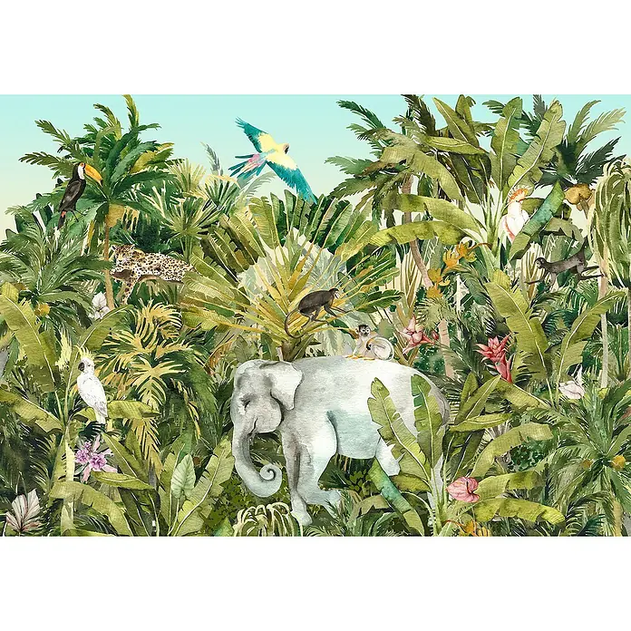 Komar Fototapete Jungle Expedition - B x H: 400 x 280 cm, Vlies - Dschungel-Wandbild mit lebendigen Tieren wie einem Elefanten, Leopard und bunten Vögeln, umgeben von üppigem Grün. Perfekt für jedes Kinderzimmer.