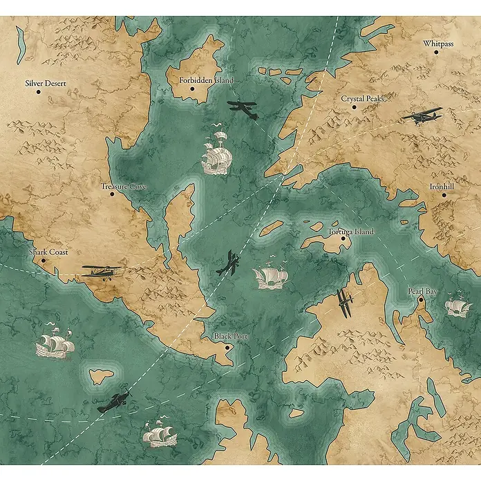 Komar Fototapete Old Travel Map - B x H: 300 x 280 cm, Vlies - Fantasiekarte mit Inseln, Flugzeugen und Schiffen, die ein Abenteuer in einer fernen Welt verspricht.