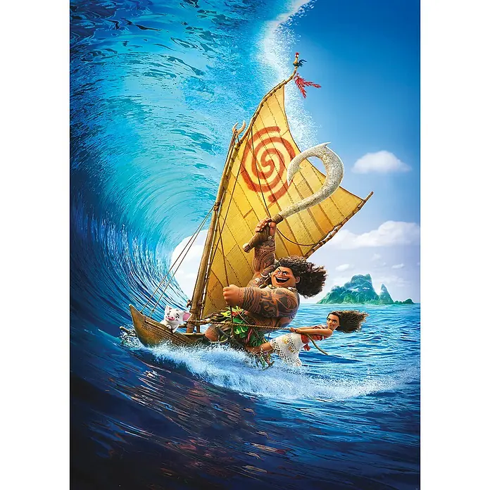 Komar Fototapete Moana Ride The Wave - B x H: 200 x 280 cm, Vlies - Die lebhafte Szene aus "Vaiana" zeigt die Charaktere auf einem Segelboot, umgeben von einer riesigen Welle und dem offenen Ozean.