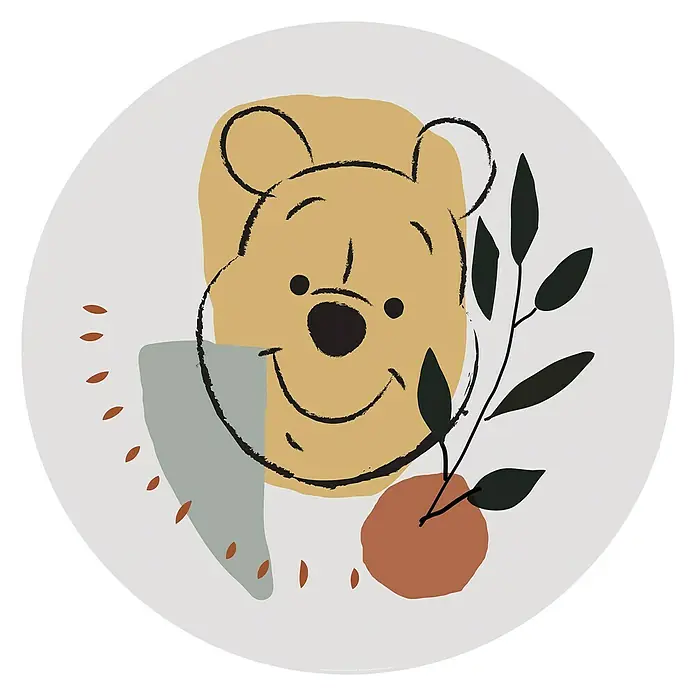 Komar Dots Fototapete rund Winnie Pooh Smile - 128 cm, Selbstklebend - Winnie Puh Wandkunst: Abstraktes Kreismotiv mit Winnie Puhs Gesicht, Blättern und geometrischen Formen in warmen Erdtönen für Kinderzimmer.