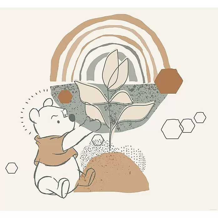 Komar Fototapete Winnie Pooh Grow - B x H: 300 x 280 cm, Vlies - Winnie Puuh pflegt eine stilisierte Pflanze unter einem gedämpften Regenbogen mit abstrakten Erdformen.