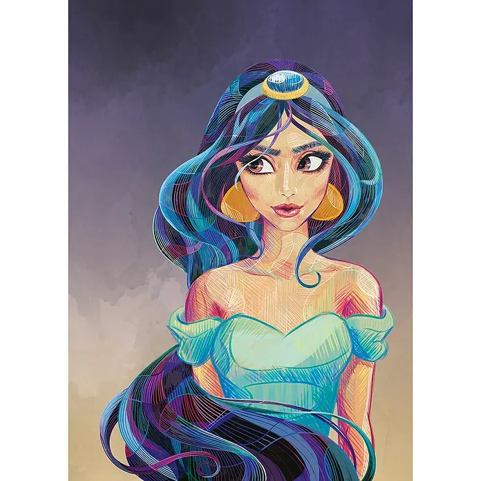 Komar Fototapete Fascinating JasminB x H: 200 x 280 cm, Vlies - Illustration von Prinzessin Jasmin mit blauem Haar, türkisfarbenem Kleid und goldenen Ohrringen vor einem farbigen Hintergrund.