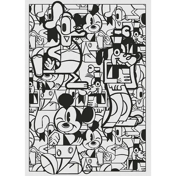 Komar Fototapete Mickey Constructive - B x H: 200 x 280 cm, Vlies - Eine Schwarz-Weiß-Illustration mit Mickey Mouse, Pluto und Goofy in einem modernen, geometrischen Stil, perfekt für Kinderzimmer und als Wandkunst.