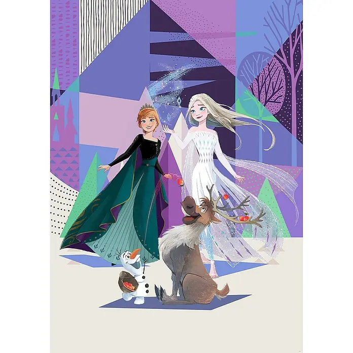 Komar Fototapete Frozen Abstract - B x H: 200 x 280 cm, Vlies - Illustration mit Anna und Elsa aus "Die Eiskönigin", Olaf und Rentier Rentier vor einem bunten, geometrischen Hintergrund.