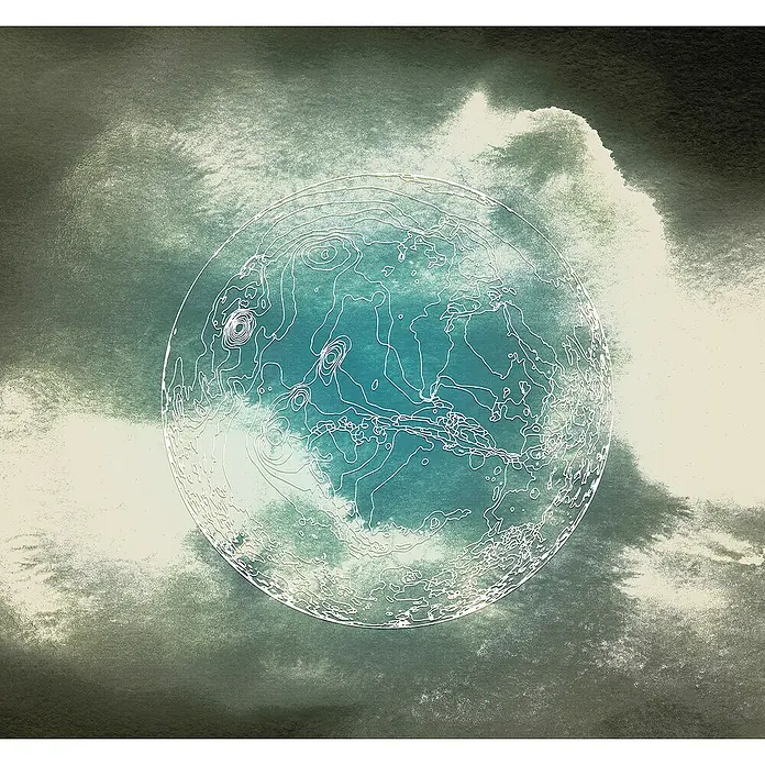 Komar Fototapete Surreal Planet - B x H: 300 x 280 cm, Vlies - Abstrakte Darstellung eines Globus mit topografischen Linien vor einem wolkigen Hintergrund, ideal für moderne Wanddekorationen.
