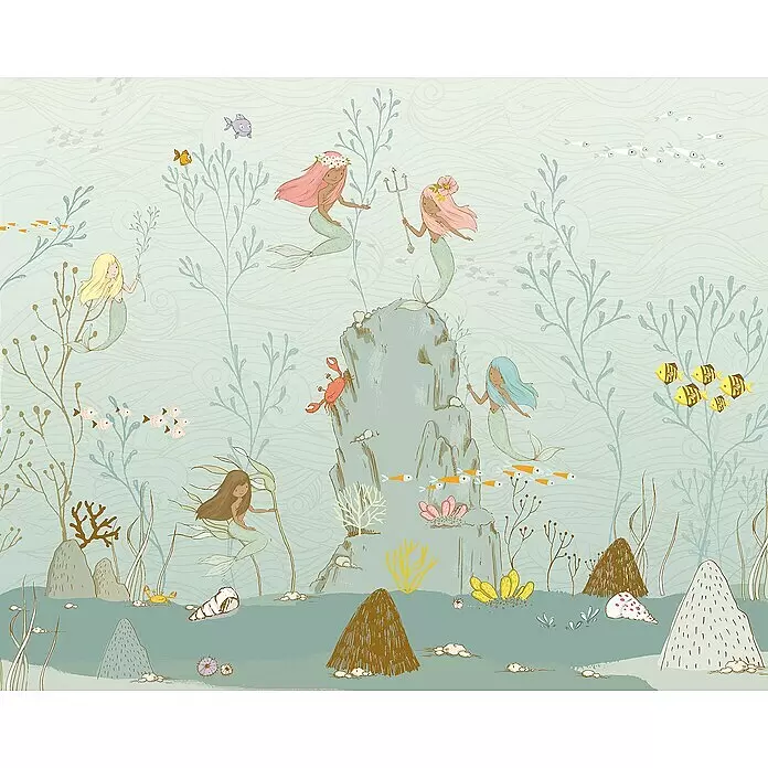 Komar Fototapete Mermaids - B x H: 350 x 280 cm, Vlies - Unterwasser-Illustration mit fünf Meerjungfrauen, verschiedenen Fischen, Krabben und bunten Korallen und Algen.