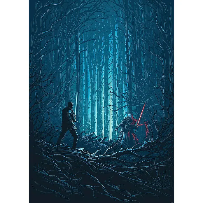 Komar Star Wars Fototapete Wood FightB x H: 200 x 280 cm, Vlies - Star Wars Szene: Kylo Ren mit rotem Lichtschwert und Rey mit blauem Lichtschwert kämpfen im winterlichen Wald.