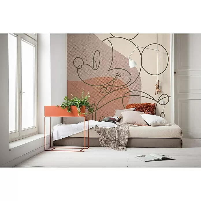 Komar Fototapete Line Drawing - B x H: 250 x 280 cm, Vlies - Wandtapete mit abstraktem Mickey-Maus-Line-Art in Erdtönen und gepunkteten Mustern, passend zu einem modernen Schlafzimmer.