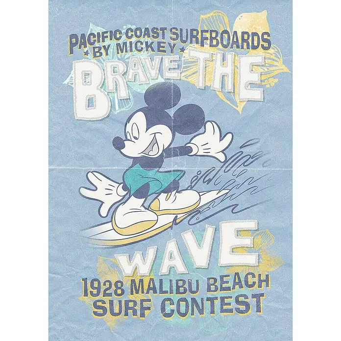 Komar Fototapete Mickey Brave Wave - B x H: 200 x 280 cm, Vlies - Vintage-Poster mit Mickey Mouse beim Surfen, Aufschrift "Pacific Coast Surfboards" und "1928 Malibu Beach Surf Contest".