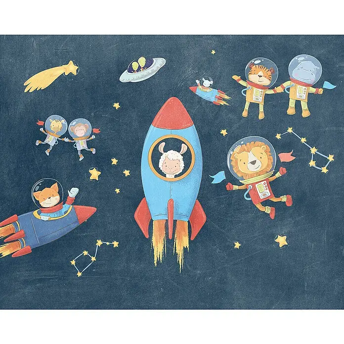 Komar Fototapete Friends In Space - B x H: 350 x 280 cm, Vlies - Niedliches Weltraum-Wandtattoo mit Raketen, Sternen, Astronauten und verschiedenen Tieren im Weltraum, perfekt für Kinderzimmer.