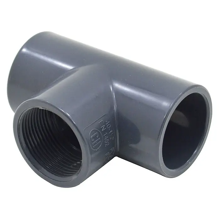 Te de PVC roscado - Diámetro del tubo: 50 mm, PVC - Té de PVC gris con rosca interna en un extremo, ideal para aplicaciones de fontanería y sanitarias.