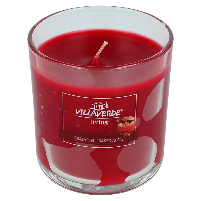 Duftkerze im Glas - Bratapfel, Ø x H: 8 x 8 cm - Rote Duftkerze von Villaverde mit Bratapfelduft in einem Glas. Das Etikett zeigt ein Bild von einem Bratapfel.