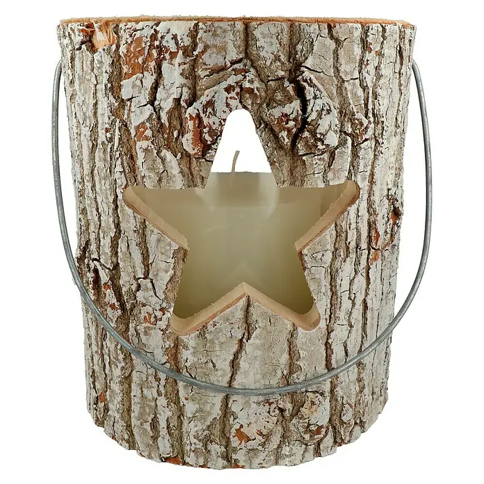 Windlicht Holz - Ø x H: 21 x 26 cm, Holz, Stern - Rustikale Baumrinde-Laterne mit ausgestanztem Stern, perfekt für gemütliche Abende. Der Metallbügel ermöglicht einfaches Tragen und Aufhängen.