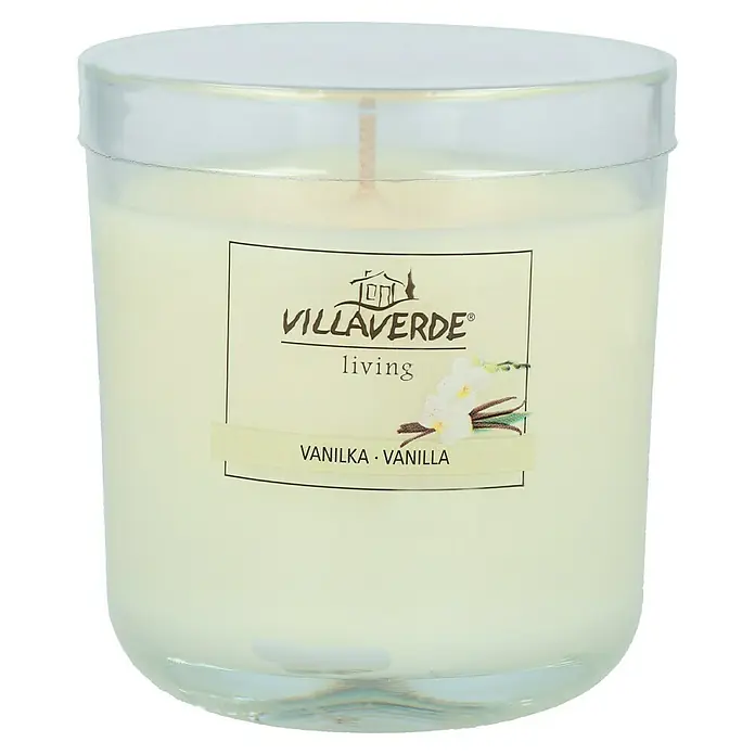 Duftkerze im Glas - Vanille, Ø x H: 8 x 8 cm - Duftkerze von Villaverde Living mit Vanilleduft in einem transparenten Glas mit silbernem Deckel.