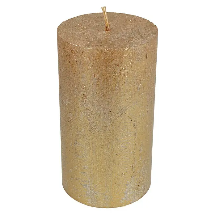 Stumpenkerze Nova Safe - Ø x H: 6 x 11 cm, Antikgold - Goldene Stumpenkerze mit einer unregelmäßigen Textur, ideal für stimmungsvolle Beleuchtung.