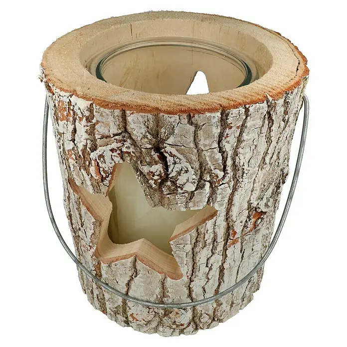 Windlicht Holz - Ø x H: 21 x 26 cm, Holz, Stern - Ein rustikaler Kerzenhalter aus Baumrinde mit einem ausgeschnittenen Stern und einem Metallbügel. Ideal für stimmungsvolle Beleuchtung.