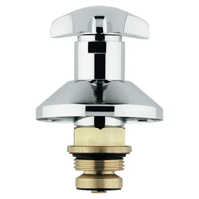 Grohe Hahnoberteil Atlanta Trecorn - 1″, Chrom/Rot, Höhe: 72 mm - Nahaufnahme eines glänzenden, verchromten Wasserhahnkopfes mit Messingbasis, der für Sanitäranwendungen entwickelt wurde.