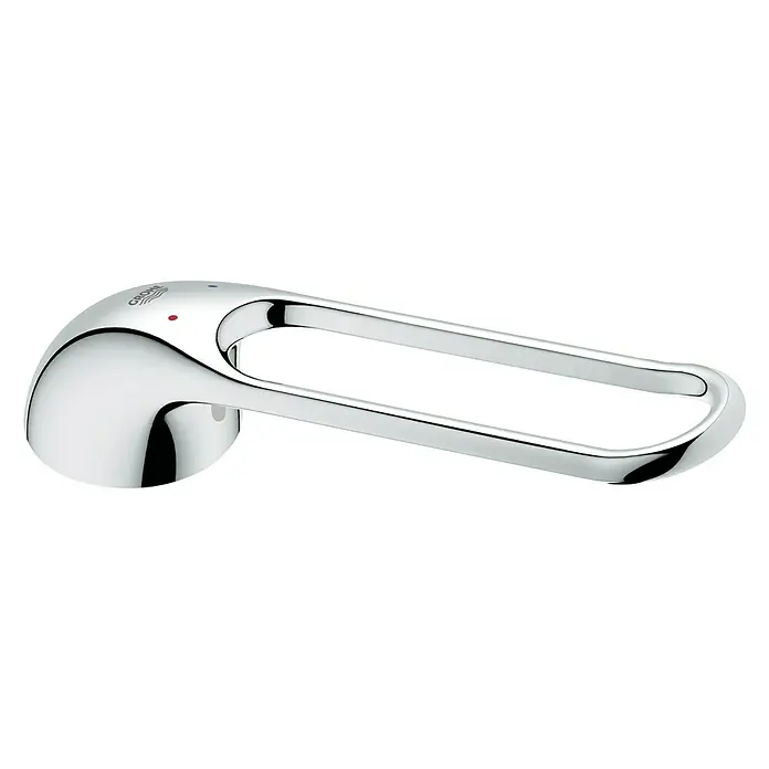Grohe Bügelhebel - Chrom, Ausladung: 160 mm - Nahaufnahme eines glänzenden Grohe Wasserhahn-Hebels, der durch sein offenes, modernes Design besticht und für eine einfache Bedienung sorgt.