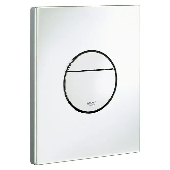 Grohe Betätigungsplatte Nova Cosmopolitan - Weiß, 2-Mengen-Spülung - Ein glänzender, quadratischer Betätigungsplatte von Grohe mit einem runden Knopf und dem Grohe-Logo, ideal für moderne Badezimmer.
