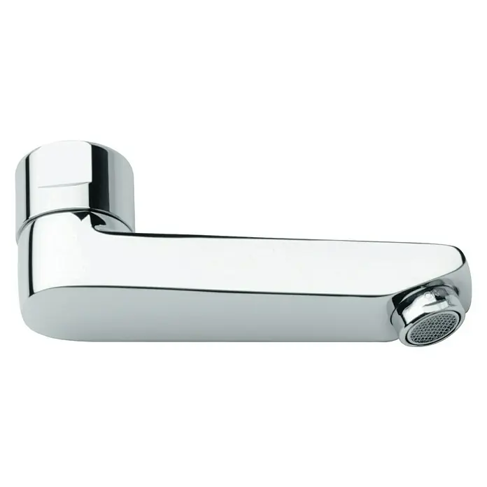 Grohe Grohtherm Special S-Auslauf - Chrom, Messing, Ausladung: 115 mm - Nahaufnahme eines eleganten, verchromten Wasserhahns. Ideal für moderne Badezimmer, besticht der Wasserhahn durch sein minimalistisches Design.
