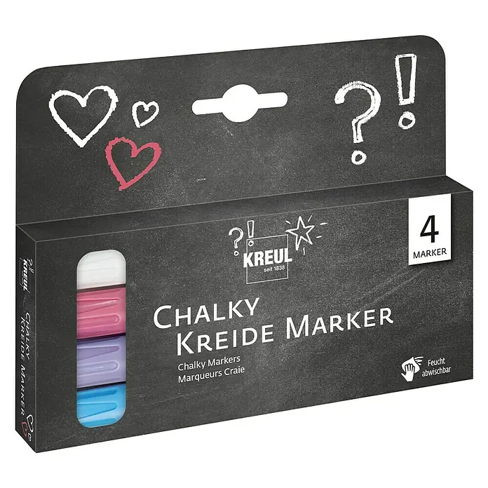 KREUL Kreidemarker-Set Chalky - 4 -tlg., Farbig sortiert - Packung mit 4 Kreul Chalky Kreide Markern in verschiedenen Pastellfarben, ideal für kreative Projekte und Dekorationen auf Oberflächen.