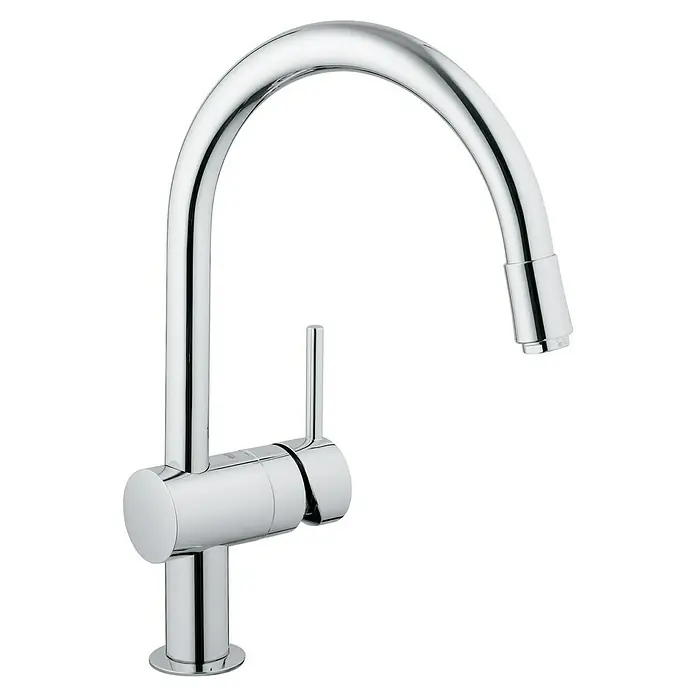 Grohe Spültischarmatur Minta - C-Auslauf, Chrom, Glänzend, Ausziehbar - Glänzender Chrom-Küchenarmatur mit hohem Auslauf und Einhebelmischer, perfekt für moderne Küchen. Elegantes Design für einfache Bedienung.