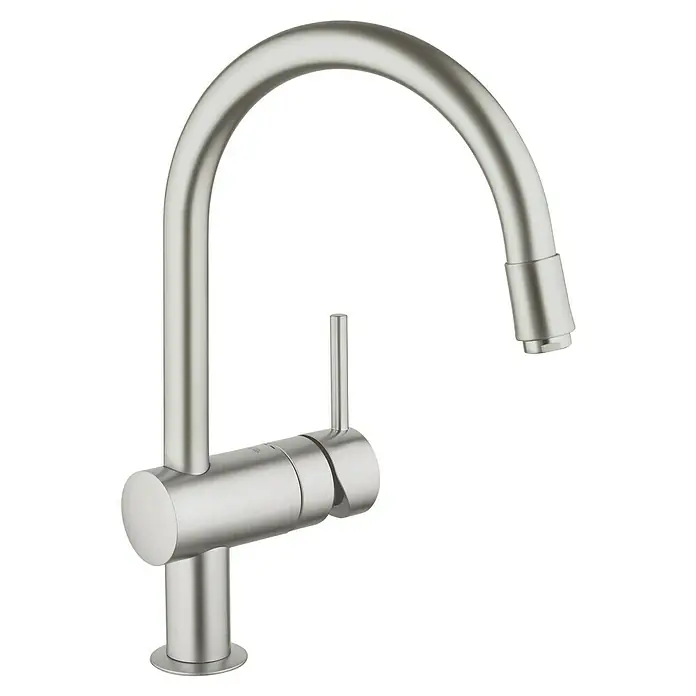 Grohe Spültischarmatur Minta - C-Auslauf, Supersteel, Matt, Ausziehbar - Elegante Küchenarmatur in Edelstahl-Optik. Das schlichte Design und die gebürstete Oberfläche machen diese Armatur zu einem Highlight in jeder Küche.