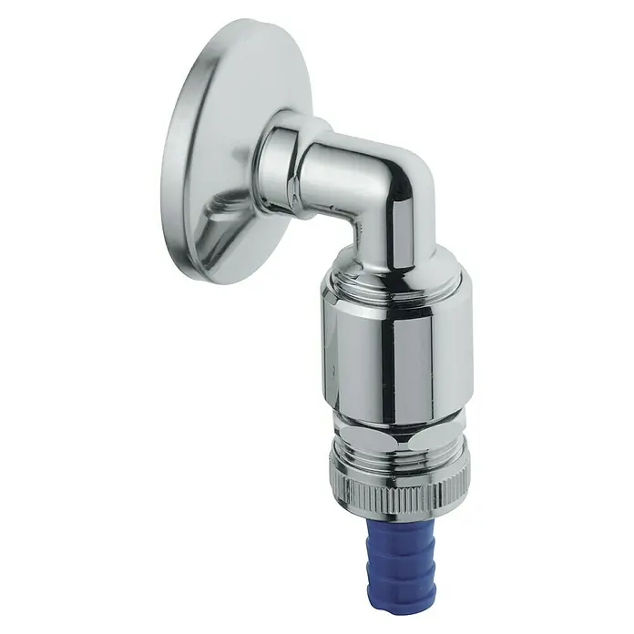 Grohe Wandanschlussbogen Eggemann - ½″, Chrom, Höhe: 10,1 cm - Nahaufnahme eines glänzenden, silbernen Wandarmatur-Eckventils mit einem blauen Anschlussstück, ideal für moderne Badezimmer.