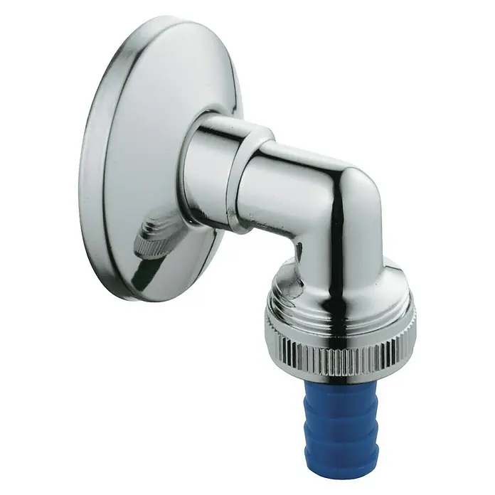 Grohe Wandanschlussbogen Eggemann - ½″, Chrom, Höhe: 6,1 cm - Nahaufnahme eines glänzenden, verchromten Wasserhahn-Eckventils mit blauem Schlauchanschluss vor einem schwarzen Hintergrund.