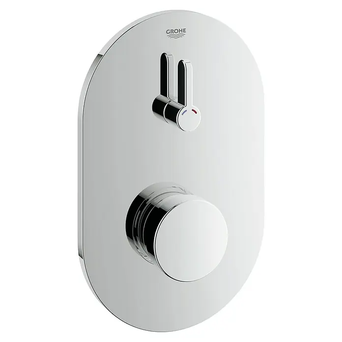 Grohe Selbstschluss-Armatur Eurosmart CT mit Mischung - Chrom, Glänzend - Nahaufnahme der Grohe Allure E Unterputz-Einhand-Brausebatterie mit Umstellung, die mit ihrem schlanken Design besticht.