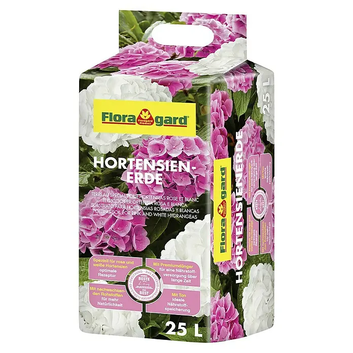 Floragard Hortensienerde25 l, Geeignet für: Rosa/Weiße Hortensien - Abbildung einer Packung Flora Gard Hortensienerde mit rosa und weißen Hortensienblüten, ideal für eine optimale Nährstoffversorgung.