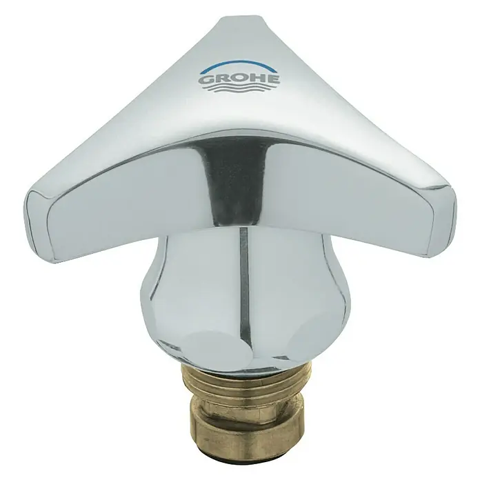 Grohe Hahnoberteil Atlanta Trecorn - ⅜″, Chrom/Blau, 10 Stk. - Nahaufnahme eines glänzenden, chromfarbenen Grohe-Wasserhahngriffs mit Messingbasis, der ein elegantes und modernes Design aufweist.