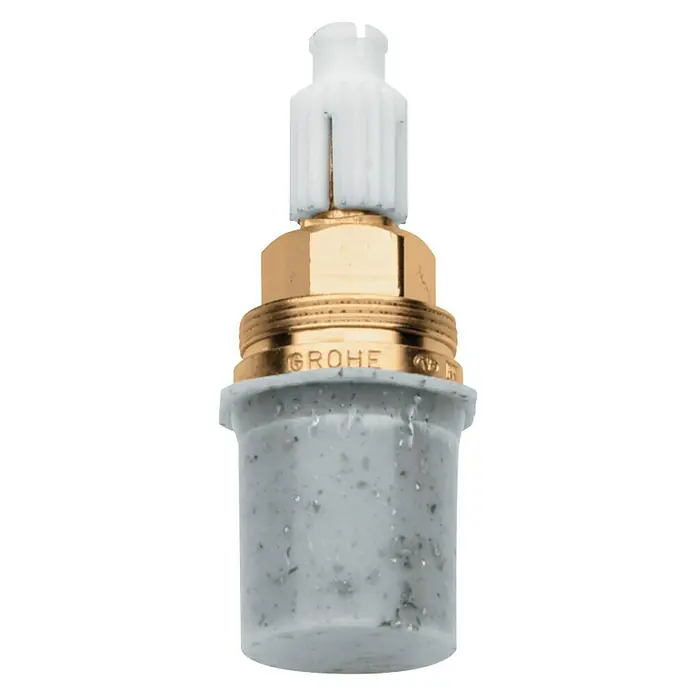 Grohe Oberteil - ½″, Chrom - Abgebildet ist eine Grohe Kartusche, ein Ersatzteil für Armaturen, mit einem weißen Aufsatz, einem goldenen Mittelteil und einem grauen Unterteil.
