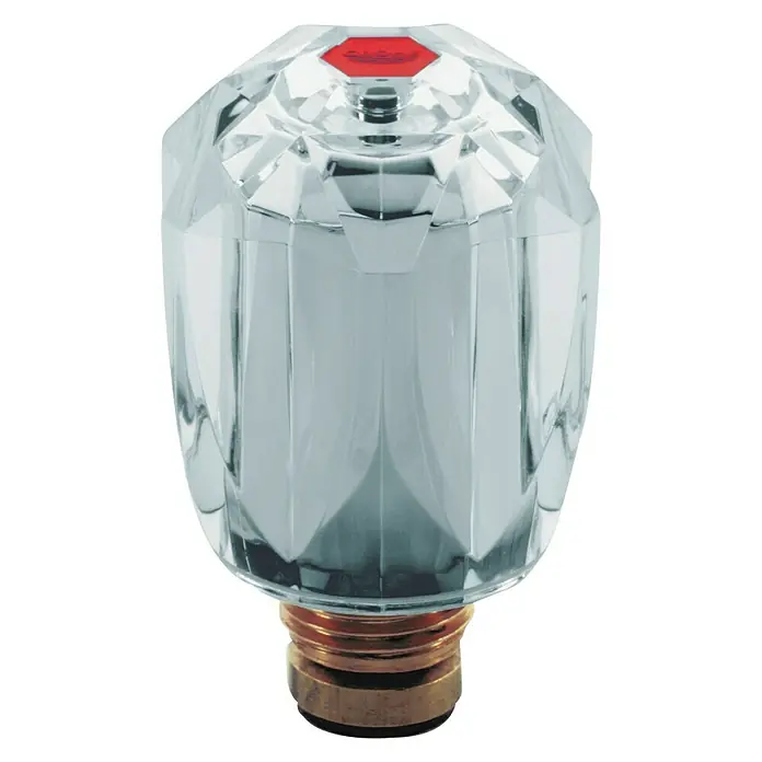 Grohe Allure Brilliant Hahnoberteil - ½″, Chrom/Rot - Nahaufnahme eines transparenten Wasserhahn-Griffs mit rotem Detail und Messingbasis vor schwarzem Hintergrund.