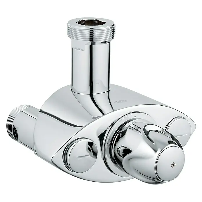 Grohe Thermostat-Ventilunterteil Grohtherm XL - Anschlussgewinde: 1 ½″, Chrom - Nahaufnahme eines glänzenden Grohe Thermostat-Brausemischers. Präzise Steuerung für ein komfortables Duscherlebnis.