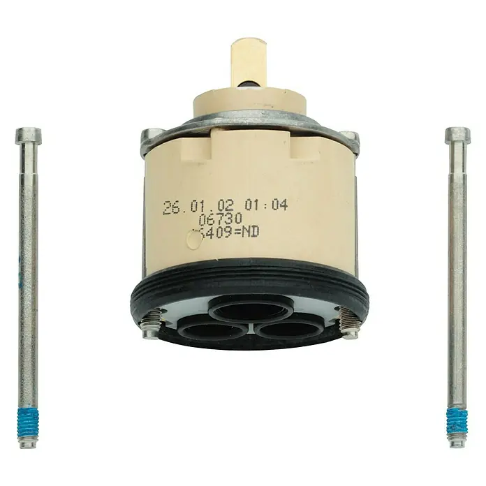 Grohe Kartusche - Durchmesser Kartusche: 46 mm, Niederdruck, SilkMove Funktion - Nahaufnahme einer Wasserhahnkartusche mit zwei Verbindungsstücken, ideal für Sanitärreparaturen und Installationen.