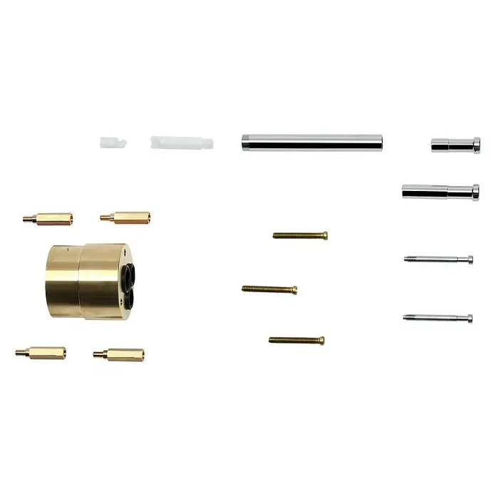 Grohe Verlängerungs-Set - Passend für: Grohe Unterputz-Universal-Armatur 1/2″, Durchmesser: 50 mm - Eine Ansammlung von Maschinenteilen, darunter Bolzen, Zylinder und Stangen, in verschiedenen Größen, die alle vor einem neutralen schwarzen Hintergrund präsentiert werden.