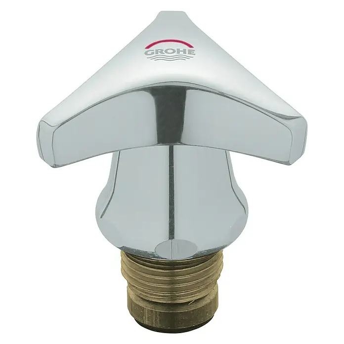 Grohe Hahnoberteil Atlanta Trecorn - ½″, Chrom/Rot, 10 Stk. - Nahaufnahme eines glänzenden Grohe Wasserhahn-Oberteils mit verchromter Oberfläche und Messinggewinde, ideal für Badezimmerarmaturen.
