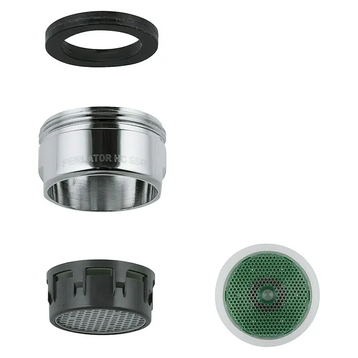 Grohe Strahlregler - M24, Durchflussmenge: 5,7 l/min - Das Bild zeigt einen Wasserhahnaufsatz Perlator HC SSR, bestehend aus mehreren Einzelteilen für die Installation und Nutzung.