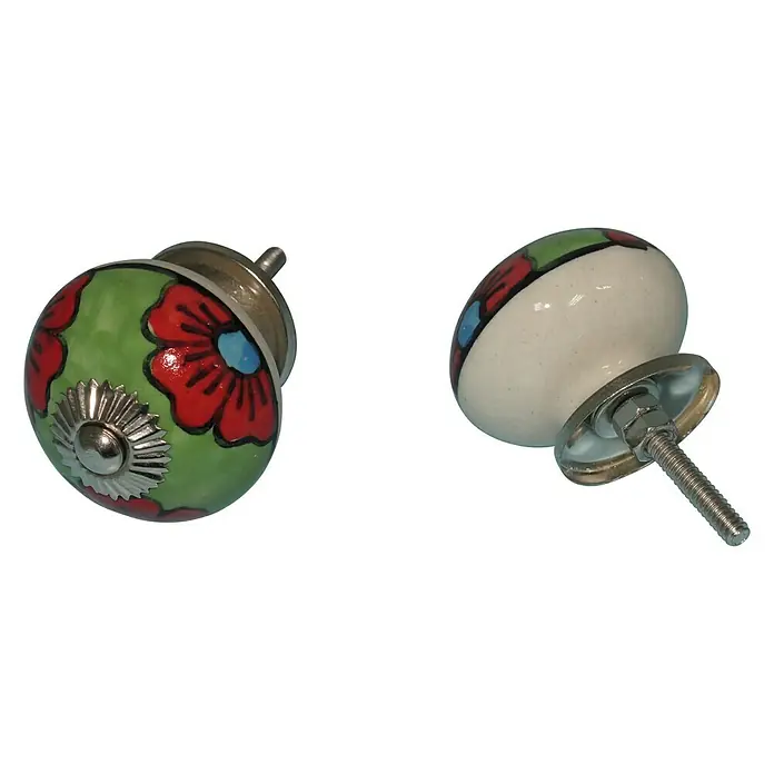 Möbelknopf HC-112 - Typ Möbelgriff: Knopf, Durchmesser: 40 mm, Grün/Rot - Zwei dekorative Möbelknöpfe mit floralen Mustern. Ideal zur Verschönerung von Schubladen und Schränken.