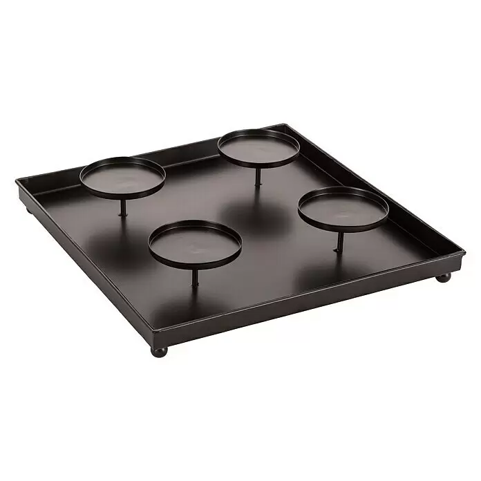 Adventskranz Teelicht - Schwarz, Metall - Schwarzes quadratisches Teelichthalter-Tablett aus Metall mit vier integrierten runden Kerzenhaltern.