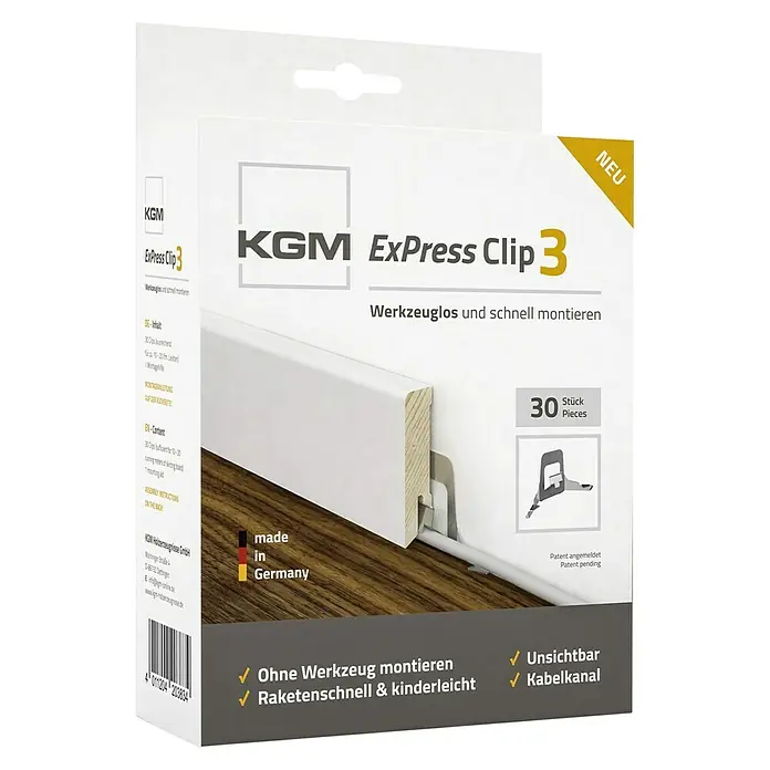 Leistenclip ExPress Clip 3 - 30 Stk. - Bild einer Verpackung KGM Express Clip 3 für werkzeuglose und schnelle Montage von Sockelleisten, inklusive 30 Stück.