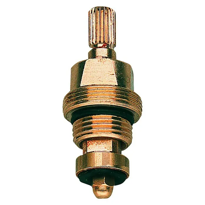Grohe Oberteil - Anschlussgewinde: ⅜″, Messing, Kurze Spindel - Detailaufnahme einer goldenen Spindelkartusche, einem Ersatzteil für Wasserhähne, auf schwarzem Hintergrund.
